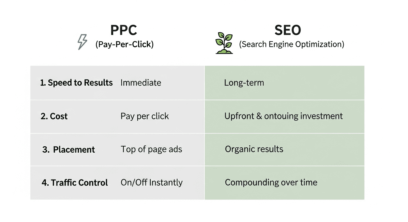 A comparison chart contrasting PPC and SEO. PPC is shown to have immediate results, a pay-per-click cost, and top-of-page ad placement. SEO is shown to have long-term results, an ongoing investment cost, and placement in organic results.